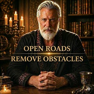 May include: A man with a white beard and grey hair in a dark robe, with the text "OPEN ROADS REMOVE OBSTACLES" in gold. The background shows candles and bookshelves, creating a regal atmosphere.