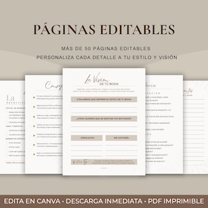 Puede incluir: Conjunto de p&aacute;ginas editables para la planificaci&oacute;n de bodas en espa&ntilde;ol. Las p&aacute;ginas presentan una paleta de colores neutros e incluyen secciones para detalles de planificaci&oacute;n, consejos e informaci&oacute;n de proveedores. El texto incluye "P&aacute;ginas Editables".