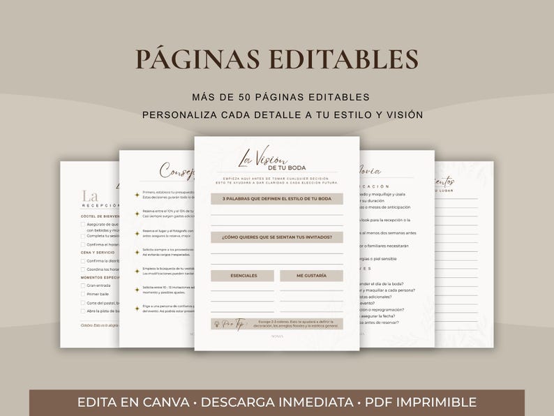 Puede incluir: Conjunto de p&aacute;ginas editables para la planificaci&oacute;n de bodas en espa&ntilde;ol. Las p&aacute;ginas presentan una paleta de colores neutros e incluyen secciones para detalles de planificaci&oacute;n, consejos e informaci&oacute;n de proveedores. El texto incluye "P&aacute;ginas Editables".