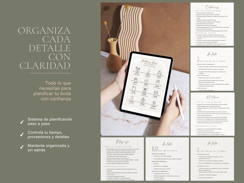 Puede incluir: Una tableta muestra un planificador de bodas, sostenida por una persona. La pantalla muestra una l&iacute;nea de tiempo con iconos. El texto a la izquierda dice "Organiza Cada Detalle con Claridad". Tambi&eacute;n se ve texto y listas de verificaci&oacute;n adicionales.