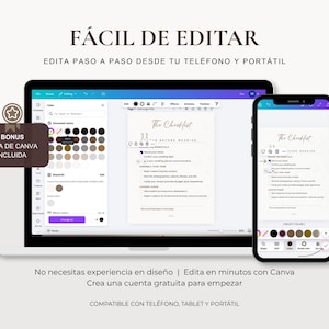 Puede incluir: Un ordenador port&aacute;til y un smartphone muestran una plantilla de lista de verificaci&oacute;n de boda. La pantalla del port&aacute;til muestra la lista de verificaci&oacute;n en un programa de dise&ntilde;o, con opciones de color visibles. El tel&eacute;fono muestra la misma lista. Texto en espa&ntilde;ol.