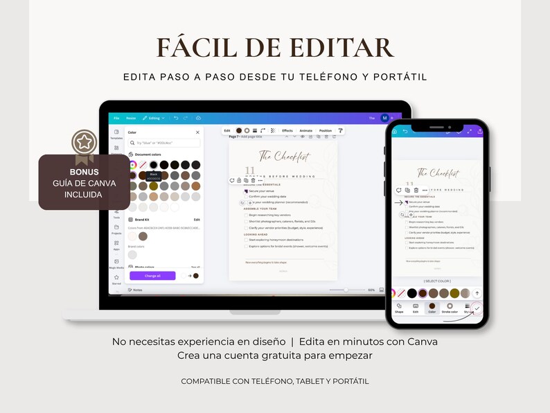 Puede incluir: Un ordenador port&aacute;til y un smartphone muestran una plantilla de lista de verificaci&oacute;n de boda. La pantalla del port&aacute;til muestra la lista de verificaci&oacute;n en un programa de dise&ntilde;o, con opciones de color visibles. El tel&eacute;fono muestra la misma lista. Texto en espa&ntilde;ol.