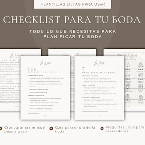 Puede incluir: Una lista de verificaci&oacute;n para la planificaci&oacute;n de bodas con el texto "CHECKLIST PARA TU BODA" y "TODO LO QUE NECESITAS PARA PLANIFICAR TU BODA". La lista incluye secciones para la novia, 7 meses antes de la boda y un cronograma mensual. El fondo es marr&oacute;n.