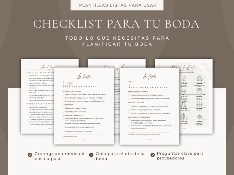 Puede incluir: Una lista de verificaci&oacute;n para la planificaci&oacute;n de bodas con el texto "CHECKLIST PARA TU BODA" y "TODO LO QUE NECESITAS PARA PLANIFICAR TU BODA". La lista incluye secciones para la novia, 7 meses antes de la boda y un cronograma mensual. El fondo es marr&oacute;n.