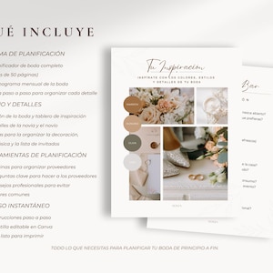 Puede incluir: Una gu&iacute;a de planificaci&oacute;n de bodas con el texto "Tu Inspiraci&oacute;n" y "Qu&eacute; Incluye". La gu&iacute;a incluye sistemas de planificaci&oacute;n, detalles de dise&ntilde;o, herramientas de planificaci&oacute;n y acceso instant&aacute;neo. La gu&iacute;a presenta un mood board con arreglos florales.