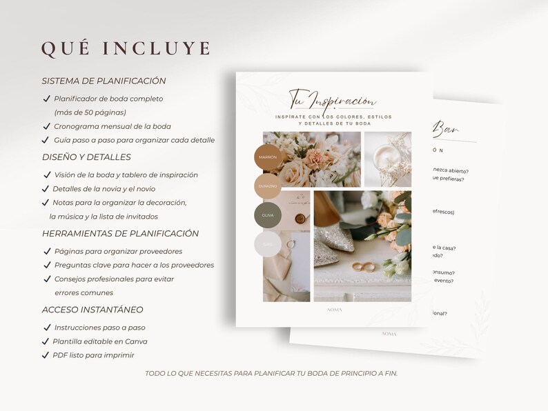 Puede incluir: Una gu&iacute;a de planificaci&oacute;n de bodas con el texto "Tu Inspiraci&oacute;n" y "Qu&eacute; Incluye". La gu&iacute;a incluye sistemas de planificaci&oacute;n, detalles de dise&ntilde;o, herramientas de planificaci&oacute;n y acceso instant&aacute;neo. La gu&iacute;a presenta un mood board con arreglos florales.