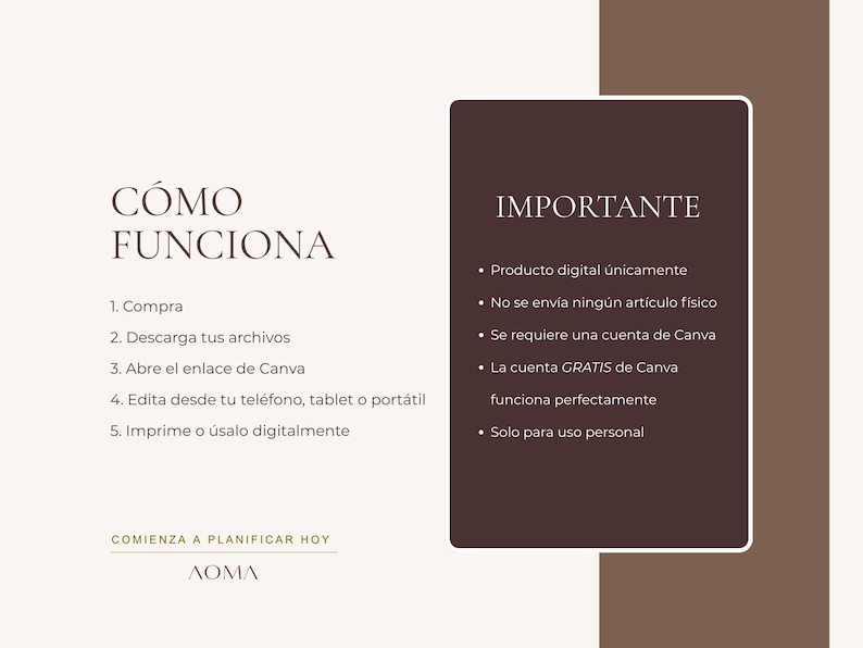 Puede incluir: Gr&aacute;fico de informaci&oacute;n de producto digital en espa&ntilde;ol. El gr&aacute;fico incluye instrucciones sobre c&oacute;mo usar el producto y una secci&oacute;n etiquetada como "IMPORTANTE" con detalles clave. El fondo es beige claro con acentos marrones.