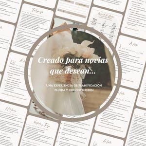 Puede incluir: Una gu&iacute;a de planificaci&oacute;n de bodas con una paleta de colores suave y neutra. La imagen central presenta a una novia sosteniendo un ramo. El texto en un marco circular dice "Creado para novias que desean..." y "Una experiencia de planificaci&oacute;n fluida y con intenci&oacute;n."