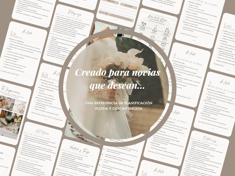 Puede incluir: Una gu&iacute;a de planificaci&oacute;n de bodas con una paleta de colores suave y neutra. La imagen central presenta a una novia sosteniendo un ramo. El texto en un marco circular dice "Creado para novias que desean..." y "Una experiencia de planificaci&oacute;n fluida y con intenci&oacute;n."