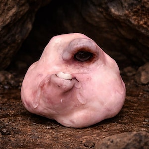 Puede incluir: Una escultura carnosa, redondeada y de color rosa pálido, que presenta una única cuenca ocular oscura y hundida, y una zona bucal prominente con un solo diente blanco visible. La superficie tiene una textura orgánica y lisa.