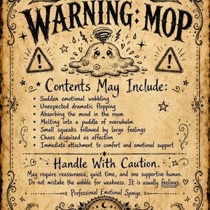 Op de afbeelding: Een rechthoekige poster met een vintage beige achtergrond met zwarte inktillustraties en tekst. De kop luidt Official CLUGSS Warning Label, WARNING: MOP, en bevat een centrale tekening van een verdrietig plasfiguurtje.