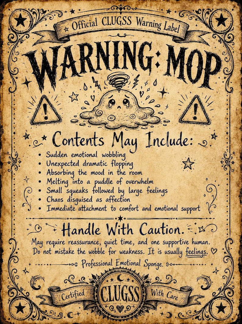 Op de afbeelding: Een rechthoekige poster met een vintage beige achtergrond met zwarte inktillustraties en tekst. De kop luidt Official CLUGSS Warning Label, WARNING: MOP, en bevat een centrale tekening van een verdrietig plasfiguurtje.
