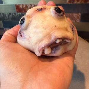 K&ouml;nnte beinhalten: Eine blasse, fleischfarbene, abgerundete Skulptur mit strukturierter Oberfl&auml;che, zwei hervorstehenden schwarzen, perlenartigen Augen, einem kleinen Mund mit sichtbaren wei&szlig;en Z&auml;hnen und dezenter violetter und roter Schattierung auf der Form.
