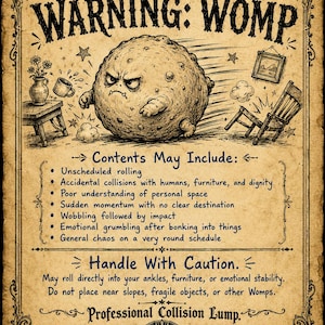K&ouml;nnte beinhalten: Ein Poster im Vintage-Stil mit dem Titel Official CLUGSS Warning Label WARNING: WOMP, das einen runden, m&uuml;rrischen Charakter zeigt, der &uuml;ber die Seite rollt. Der Text listet Warnungen vor unvorhersehbarem Rollen und versehentlichen Zusammenst&ouml;&szlig;en auf.