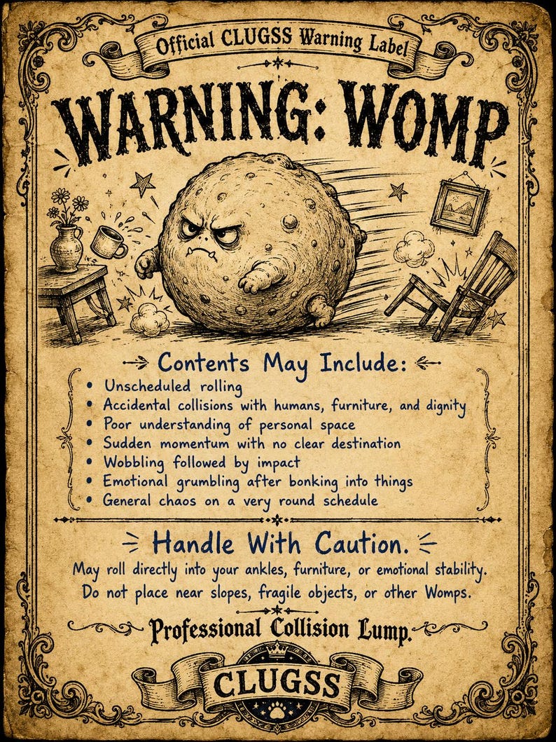 K&ouml;nnte beinhalten: Ein Poster im Vintage-Stil mit dem Titel Official CLUGSS Warning Label WARNING: WOMP, das einen runden, m&uuml;rrischen Charakter zeigt, der &uuml;ber die Seite rollt. Der Text listet Warnungen vor unvorhersehbarem Rollen und versehentlichen Zusammenst&ouml;&szlig;en auf.