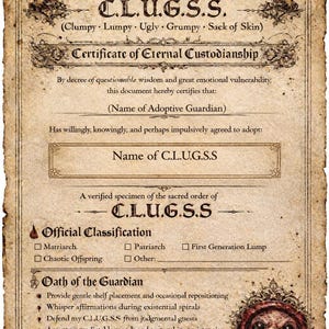 Op de afbeelding: Een beige document in perkamentstijl getiteld Official Adoption Decree of the C.L.U.G.S.S. met donkerbruine tekst, versierde randen, kaarsillustraties en een rond waszegel met een wezengezicht in de rechterbenedenhoek.