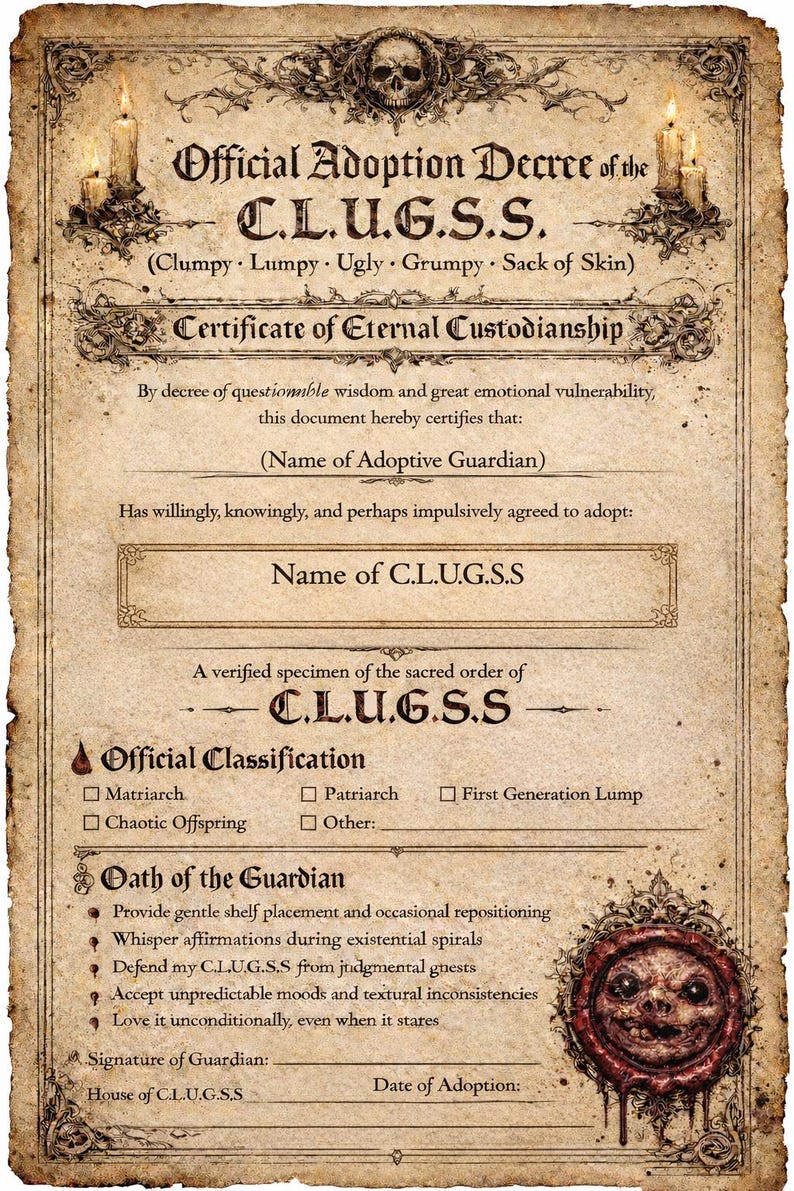 K&ouml;nnte beinhalten: Ein beiges Dokument im Pergamentstil mit dem Titel Official Adoption Decree of the C.L.U.G.S.S., dunkelbraunem Text, verzierten R&auml;ndern, Kerzenillustrationen und einem runden Wachssiegel mit einem Kreaturengesicht in der unteren rechten Ecke.