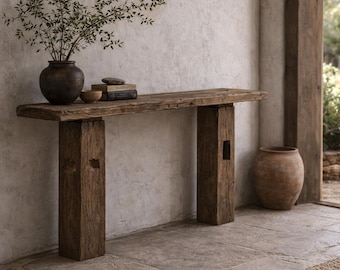 Mesa consola artesanal de madera flotante, mueble de entrada de madera recuperada con aspecto envejecido.