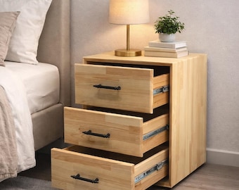 Solid Wood Nightstand, 3 Drawer Bedside Table, Rustic Natural Bedroom Furniture