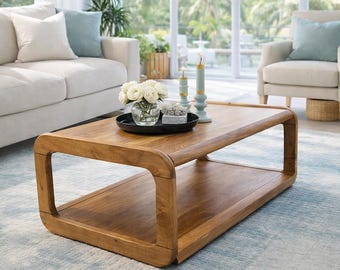 Mesa de centro em madeira maciça, móvel moderno rústico para sala de estar, peça central com veios naturais.