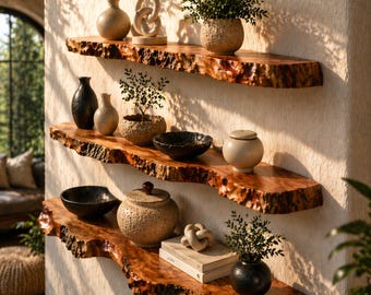 Live Edge Wood Shelves, Rustic Floating Set, Asymmetrical Modern Organic Decor