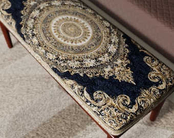 Turkish Rug Ottoman Bench, Navy Cream Medallion Bench, Vintage Upholstered Seat, Luxury Bedroom Entryway Ottoman Furniture