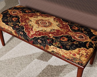 Turks tapijt Ottomaanse bank, vintage Ottomaanse bloemen gestoffeerde zitting, bank zwart goud patroon, hal slaapkamer accentmeubels