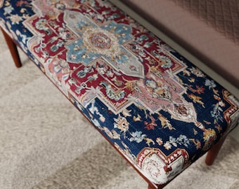Ławka tapicerowana tureckim medalionem, siedzisko w stylu osmańskim, ławka do sypialni w stylu vintage, elegancki mebel dekoracyjny do przedpokoju