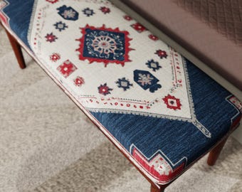 Navy Tribal Polsterbank, südwestliche Ottomane, Boho Schlafzimmer Sitzmöbel, geometrische Akzent Deko für den Eingangsbereich