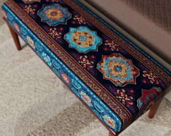 Blue Moroccan Ottoman Bench, Geometric Tile Upholstered Seat, Boho Bedroom Bench, Entryway Accent Furniture, Ethnic Decor