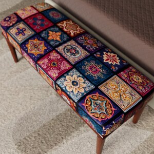 Colorful Mosaic Ottoman Bench, Boho Tile Upholstered Seat, Luxury Patchwork Entryway Bench, Eclectic Home Furniture