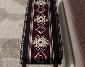 Turkish Kilim Bench Ottoman, Red Black Upholstered Bench, Ethnic Pattern Seat, Entryway Bedroom Bench, Boho Rustic Home Decor