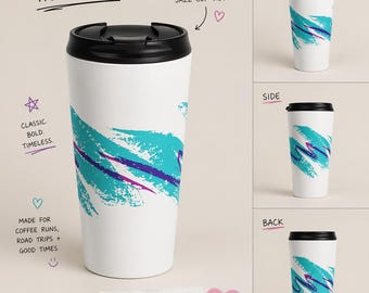 Taza de viaje con diseño de pinceladas en color turquesa / Taza de jazz retro de los 90