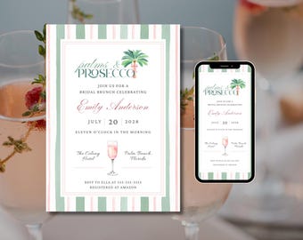 Faire-part de douche nuptiale palmiers et prosecco, invitation week-end EVJF, modifiable (téléchargement numérique)