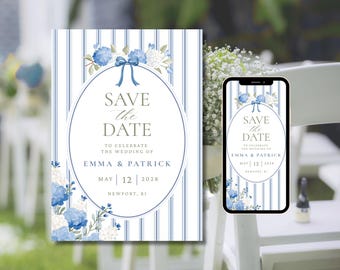 Invitación de boda "Reserva la fecha", Hortensias azules, Tema de casa de campo costera (Descarga digital)