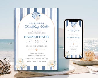 Invitación para brunch nupcial con campanas de boda y conchas marinas, invitación para despedida de soltera con temática náutica costera (descarga digital)