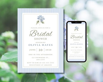 Invitación para despedida de soltera, hortensias azules, temática de jardín costero (descarga digital)