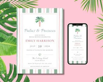 Invitación para despedida de soltera con temática de palmeras y prosecco, invitación para fin de semana de despedida de soltera, editable (descarga digital)