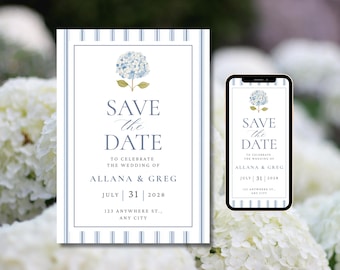 Invitación de boda "Reserva la fecha", Hortensias azules, Tema Jardín Costero (Descarga digital)