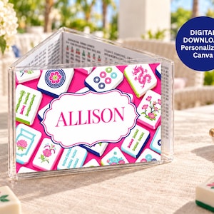 May include: A clear acrylic triangular display stand featuring a vibrant pink background with various Mahjong tile illustrations. A central white scalloped label displays the name ALLISON in bold pink text. A blue circular badge reads DIGITAL DOWNLOAD.
