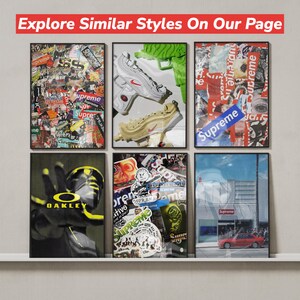 Peut inclure: Une collection de six affiches murales encadr&eacute;es pr&eacute;sentant divers designs graphiques, incluant des collages avec la marque Supreme, une paire de baskets, un logo Oakley et une voiture rouge gar&eacute;e devant un b&acirc;timent avec une enseigne Supreme.