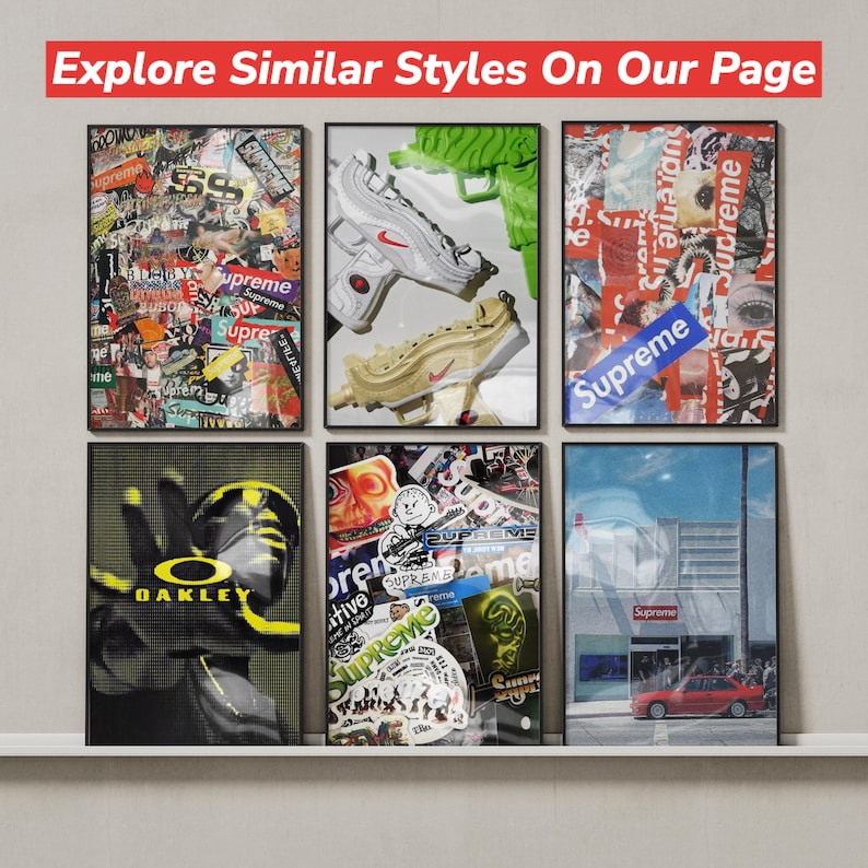 Peut inclure: Une collection de six affiches murales encadr&eacute;es pr&eacute;sentant divers designs graphiques, incluant des collages avec la marque Supreme, une paire de baskets, un logo Oakley et une voiture rouge gar&eacute;e devant un b&acirc;timent avec une enseigne Supreme.