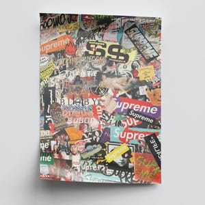 Peut inclure: Une affiche rectangulaire pr&eacute;sentant un collage dense de divers autocollants et impressions graphiques. Le design comprend de multiples occurrences du mot Supreme dans diff&eacute;rentes polices et couleurs, ainsi que des illustrations, des portraits et du texte.