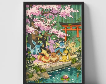 Affiche A4 Jardin Japonais Pokémon Évolitions | Décoration Murale Sakura Pokémon | Poster Zen Anime | Décoration Salle de Jeux