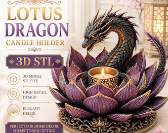 Puede incluir: Un portavelas de dragón de loto con una figura de dragón oscura y texturizada enroscada entre pétalos de loto morados. La base es ornamentada y circular, sosteniendo una pequeña vela encendida en el centro. El texto en la imagen dice LOTUS DRAGON CANDLE HOLDER 3D STL.