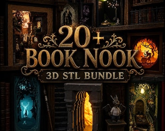 May include: A digital collection of 20+ book nook 3D STL files featuring various miniature dioramas with illuminated scenes, including a forest with a deer, a witch silhouette, a stone archway, and a dragon figure, all set against a dark bookshelf.