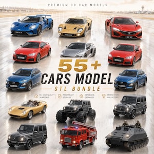 Puede incluir: Una colección digital de más de 55 modelos de coches en formato STL, que incluye varios vehículos como coches deportivos, SUV, un camión de bomberos y un tanque. La imagen muestra el texto PREMIUM 3D CAR MODELS y 55+ CARS MODEL STL BUNDLE.