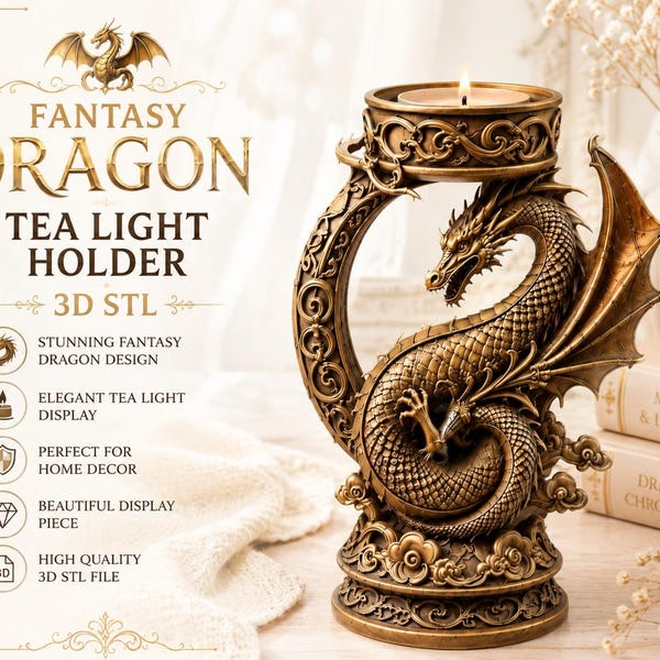Fantasidrake värmeljushållare STL | Utsmyckad mytisk dekor 3D-utskrivbar fil (digital nedladdning)