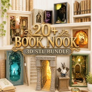 May include: A collection of 20+ book nook 3D STL files featuring various miniature dioramas with illuminated scenes, including a forest, a stone archway, a dragon figure, and a rocket ship, displayed on shelves with the text 20+ BOOK NOOK 3D STL BUNDLE.