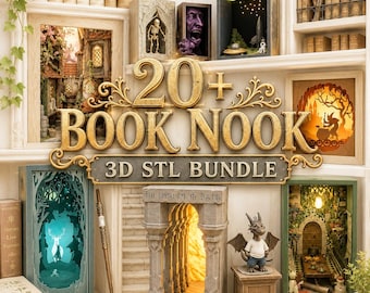 May include: A collection of 20+ book nook 3D STL files featuring various miniature dioramas with illuminated scenes, including a forest, a stone archway, a dragon figure, and a rocket ship, displayed on shelves with the text 20+ BOOK NOOK 3D STL BUNDLE.